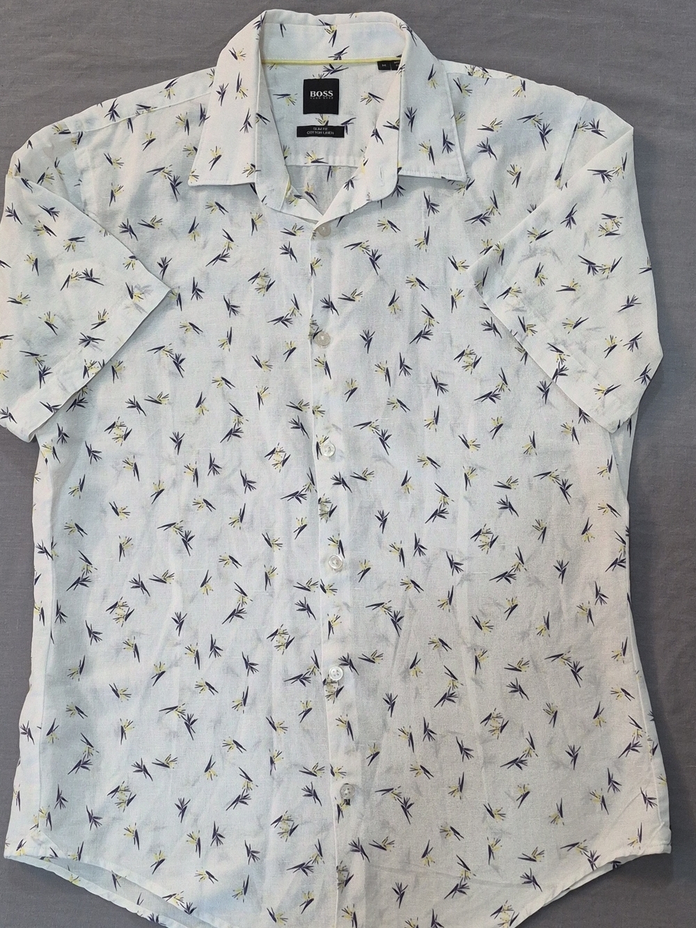BOSS Men's White Short-Sleeve Linen Shirt with Navy Print